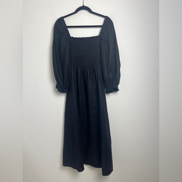 Reformation Small Black Gitane 100% Linen Long Puff Sleeve Smocked Midi Dress - Picture 10 of 14